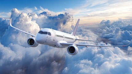 Obraz premium Commercial jet climbing at 30-degree angle above cloud layers, low-angle wing contrails, daylight showcasing international air travel