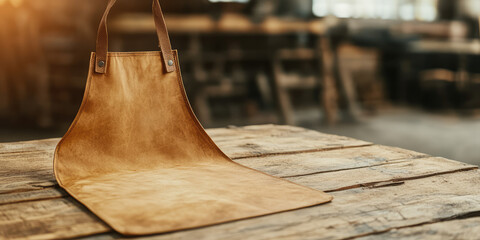 An apron is laid flat on a wooden table with blurred background. Rustic craftsman apparel