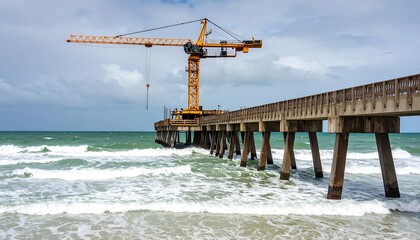 Yellow Crane on Pier Over Ocean Waves Under Cloudy Sky