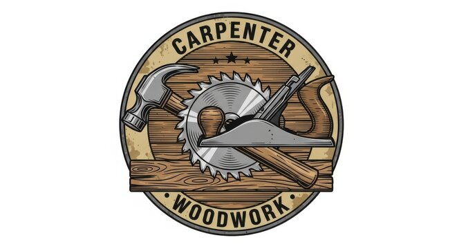 Vintage carpenter woodworking logo with hand tools and wooden details