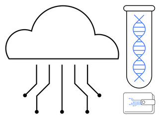 Cloud with circuit nodes, DNA strand in test tube, and digital wallet visualizing futuristic technology integration. Ideal for tech innovation, biotechnology, cloud data, DNA storage, financial tech