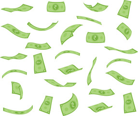 Flying Indian rupee banknotes illustration in green color, flat vector money symbols scattered and floating in air, perfect for financial, banking, investment, economy, and currency design