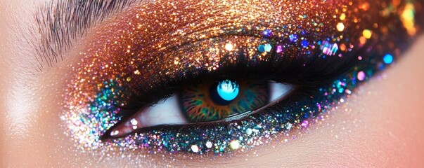 A close up of an eye with colorful sparkly makeup