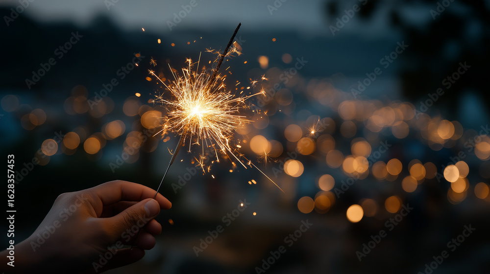 Poster sparkling sparkler: a hand gently holds a dazzling sparkler, its vibrant sparks illuminating the nig
