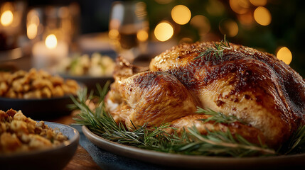 Feast of roasted turkey and side dishes: A tantalizing display of a golden-brown, roasted turkey, surrounded by an array of delicious side dishes, creating a visual feast for a festive gathering.