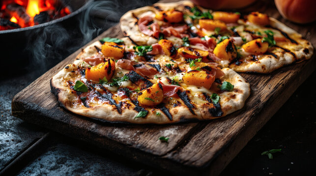 Grilled peach and prosciutto flatbread at twilight