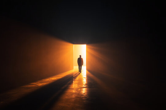 Silhouette of a man walking toward bright light through a doorway with dramatic shadows and warm tones in a dark corridor.