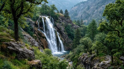Fototapeta premium Majestic waterfall cascading down rocky cliffs, framed by lush green foliage and mountains