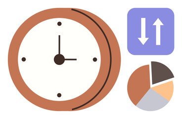Analog clock with marked hours, pie chart divided into colored segments, and vertical up-down arrows. Ideal for time tracking, productivity, analysis, prioritization, business, workflow simple flat