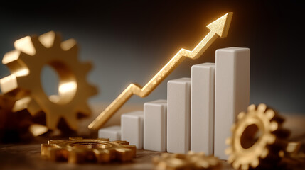 Financial Growth and Technological Progress: A conceptual image illustrating financial growth with a rising golden arrow atop a staircase of bars, complemented by industrial gear.