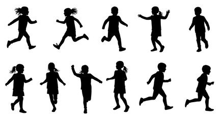 A collection of black silhouettes featuring active children running and playing, symbolizing the boundless energy and joy of youth.