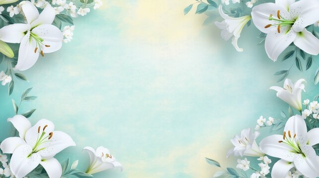 Elegant floral frame with white lilies and small white flowers on a soft teal and pale yellow background, perfect for wedding invitations and greetings