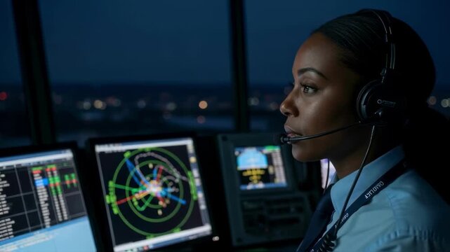 A female air traffic controller works in a dark control tower, monitoring radar screens to ensure flight safety, a concept for aviation, logistics and high-pressure professions