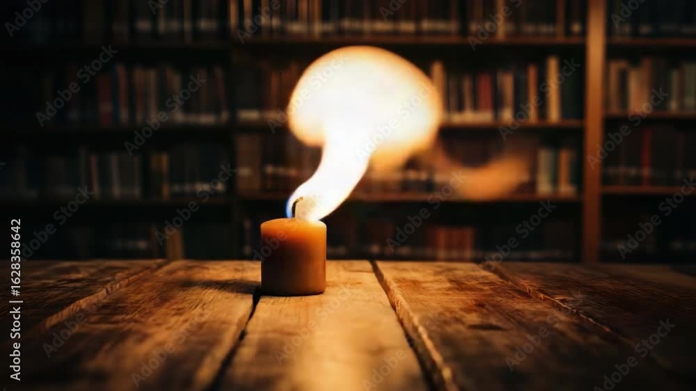 Poster soft glow of candle in cozy library setting with bookshelf background capturing the essence of calmn