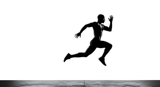 Dynamic silhouette of a male athlete in mid-stride, showcasing power and speed against a white background.