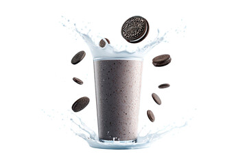 Chocolate Milkshake in Tall Glass with Cookie and Splash Effect on Transparent Background