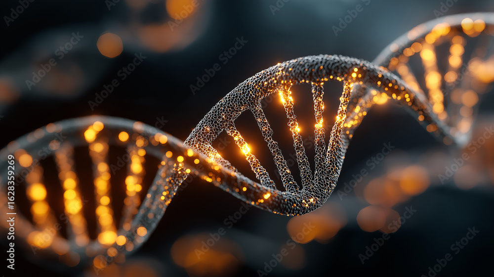 Poster dna helix: a close-up rendering unveils a mesmerizing dna helix illuminated with radiant golden ligh