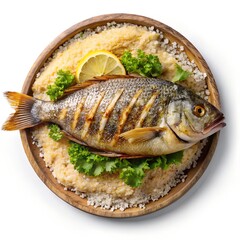 Grilled tilapia fish with salt crust and lemongrass stuffing, isolated on transparent background, photorealistic, top-down view, soft studio lighting
