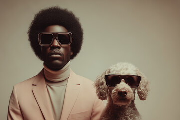 Stylish Black Man with Afro and Dog in Sunglasses – High-Fashion Editorial Portrait
