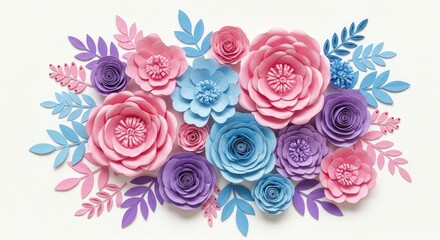 An Exquisite Arrangement of Paper Flowers - Delicate paper flowers in pink, purple, and blue create a stunning floral arrangement, symbolizing artistry, creativity, beauty, elegance, and springtime