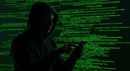 Hacker in silhouette using smartphone against green digital code background