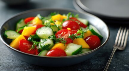 Vibrant salad of diced mango, cucumber, and cherry tomatoes in a gray bowl, garnished with fresh herbs