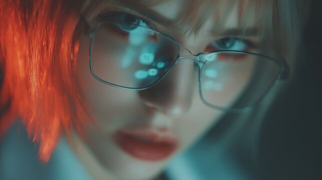A woman with striking red hair and clear-rimmed glasses reflects greenish-blue light, - Powered by Adobe