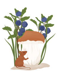 mouse  surrounded by forest grass and mushrooms, Berries. Ideal for woodland themes, nursery wall art, and greeting cards. Vector stock illustration. 