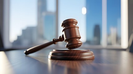 Wooden gavel resting on sounding block in modern office with city view