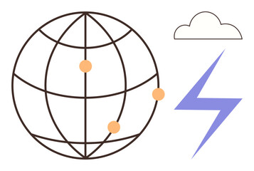 Globe with connection points symbolizing networks, cloud for digital storage, and lightning for energy. Ideal for technology, communication, networking, cloud computing, innovation, global reach