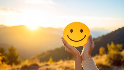 Close up of young woman holding happy smile face on background epic sunset in mountains at autumn sunny day, good feedback rating and positive customer review, mental health. Detailed high quality. 