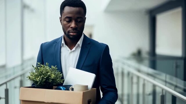 A sad, dismissed african american businessman is walking out of the office with a box of his personal belongings, representing job loss, unemployment and the concept of economic crisis