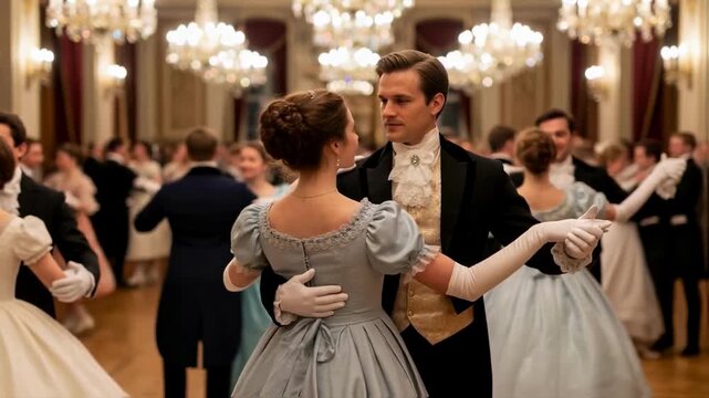 An elegant couple in vintage costumes dancing at a magnificent historical ball, a scene representing high society, classic romance, and the atmosphere of period dramas