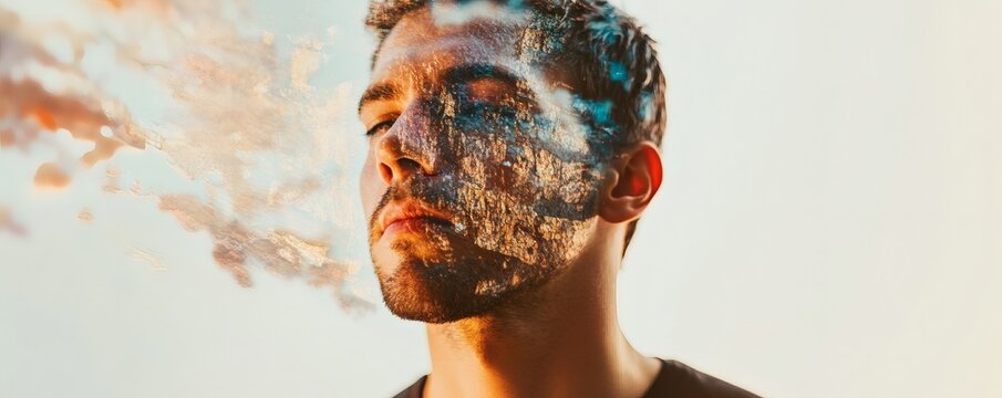A man with a face merging with natural landscape elements - Powered by Adobe