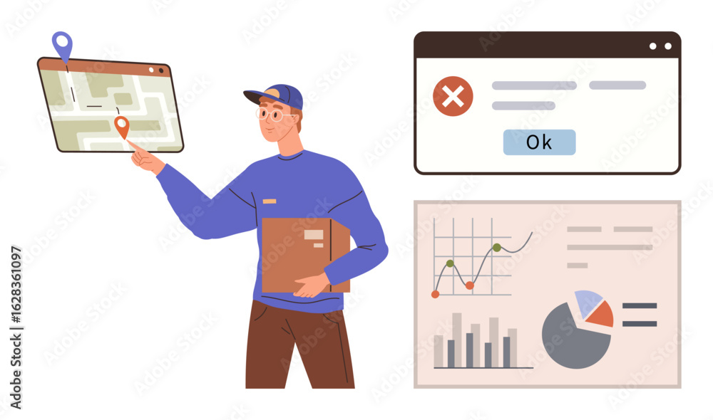 Poster delivery driver navigating with tablet gps, holding package, alongside error popup window and analyt