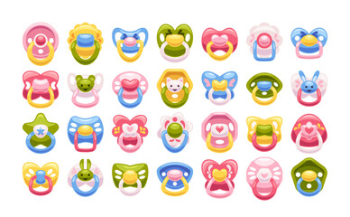 Naklejka premium Baby pacifier cartoon set with cute design made of plastic and silicon to calm down newborn child