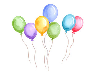 Colorful balloons floating in the air. Watercolor illustration isolated transparent background
