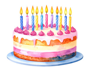Colorful layered cake with lit candles and decorative frosting. Watercolor illustration isolated transparent background