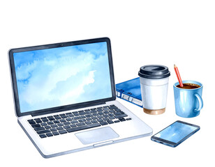 Laptop coffee cup notebook smartphone workspace office. Watercolor illustration isolated transparent background