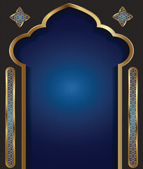 Elegant Islamic Frame Background with Blue Gradient, Golden Border, Stars, and Geometric Ornament Decoration