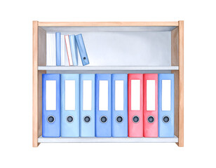 Organized office bookshelf with colorful binders and books. Watercolor illustration isolated transparent background