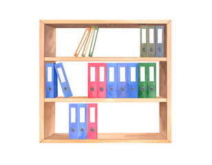 Colorful shelf with organized binders and books. Watercolor illustration isolated transparent background