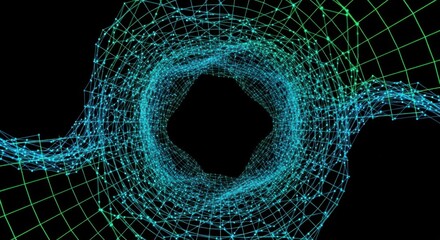 Abstract Digital Tunnel of Blue and Green Wireframe Lines on Black Background