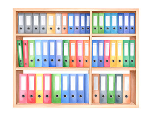 Colorful bookshelf filled with various file folders and binders organized neatly. Watercolor illustration isolated transparent background