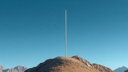 A bright, golden rod stands tall atop a dry, mountainous peak against a vast, clear blue sky