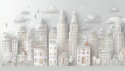 Fototapeta premium A stylized cityscape, crafted from white paper, with illuminated buildings and soft clouds