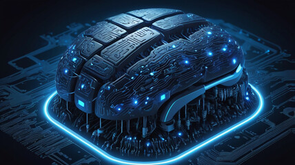 A glowing blue cybernetic brain on a futuristic circuit board, representing artificial intelligence.