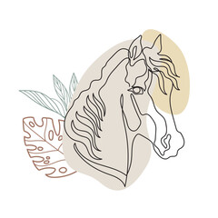 One continuous line horse drawing with botanical elements vector