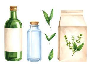 Glass and paper containers with leaves and herbs. Watercolor illustration isolated transparent background