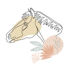 Single line horse drawing with botanical elements vector